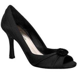Kelly and Katie Black Satin Peep Toe Heels with Gemstone Detail
